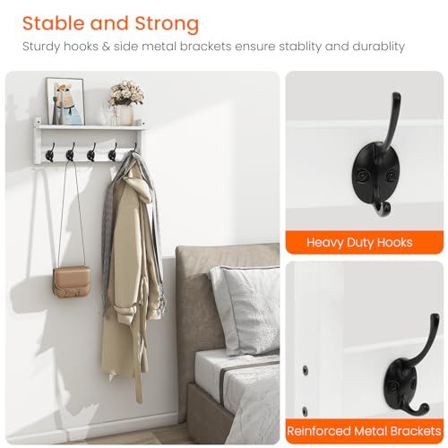 Homode Wall Shelf with Hooks, Coat Rack Wall Mount with Pegs, Hanging Entryway Coat Hanger, Wood and Iron Shelf for Bathroom, Hallway, Bedroom, White - color: White, size: 17.1 Inch Long