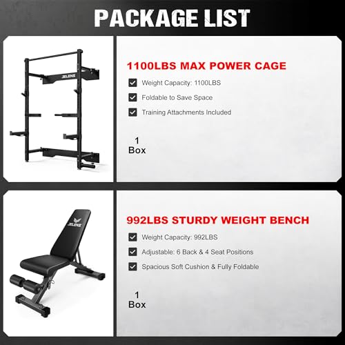 JELENS FS01 Folding Squat Rack, Wall Mounted Power Rack for Home Gym, Space Saving Multi-Functional Power Cage with More Attachments - color: Black, size: Weight Bench Package