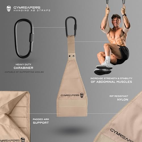 Gymreapers Hanging Ab Straps for Pull-Up Bar - Hang Bar Assist Strap & Strength Workout Equipment, Padded Adjustable Arm Supports with 2 Steel Carabiners for Leg Raises, Abdominal & Core Training - color: Tan