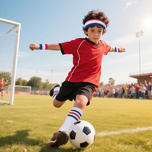 ONUPGO 5 Pieces Kids Sweatbands Soccer Socks Set - Sports Headband, Wristbands, Striped High Socks for Kids, Youth,Toddler & Baby - Football, Basketball, Running, Cycling, Tennis - color: Red/White/Blue