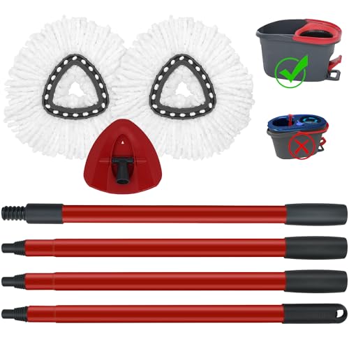 Mop Replace Heads Mop Handle and Base Replacement for O Cedar EasyWring 1-Tank Spin Mop System, 2 Microfiber Mops Refills, 4-Section Iron Mop Handle 30-58Inch and 1 Mopping Heads Cover Set (No Bucket) - color: 1 Sets Mop Handle + 2 White Heads + 1 Base