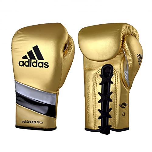 adidas Speed 500 Pro Boxing Gloves – Genuine Leather Training Gloves for Men & Women, Lace-Up Heavy Bag & Kickboxing Gloves - color: MET GOLD/SILVER/BLACK, size: 14 oz