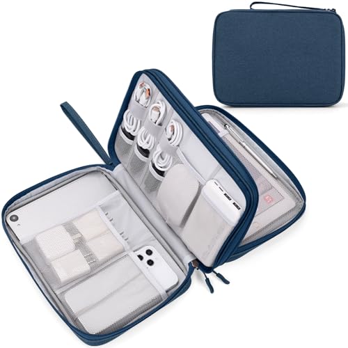 FYY Electronic Organizer, Travel Tech Pouch Bag, Extra Large, Navy | Wrist Strap, Waterproof, Double Layers Electronics Travel Case for iPad, Cord, Laptop Charger, Daily and Business Trips Use - color: Navy, size: Extra Large