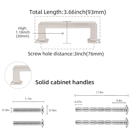 10 Pack 3 inch(76mm) Brushed Satin Nickel Kitchen Cabinet Handles Cabinet Pulls Sliver Drawer Pulls Kitchen Cabinet Hardware Dresser Handles - color: Brushed Satin Nickel, size: 3" Hole Center（76mm）