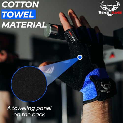 BEAST RAGE Workout Gloves for Men, Durable Palm Grip Gym Gloves Women Half Finger Elasticated Training Weight Lifting Strength Bodybuilding Anti Slip Cycling Gloves Exercise - color: Blue, size: Large