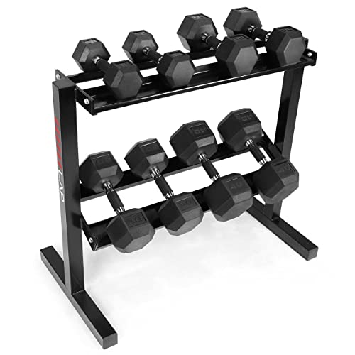 WF Athletic Supply Rubber Encased Hex Dumbbells with Rubber Grip Contoured Handle for Muscle Toning, Strength Building & Full Body Workout - color: t. 200LB Dumbbell Set w/ 2-Tier Rack (10LB, 20LB, 30LB, 40LB)
