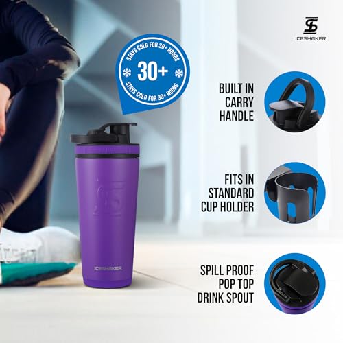 Ice Shaker Insulated Stainless Steel Shaker Bottle | 26oz, Purple | Cold for 30+ Hours | Insulated Cup with Twist-on Agitator | Odor-Free Bottle for Protein Shakes, Water, Smoothies, Cocktails - color: Purple