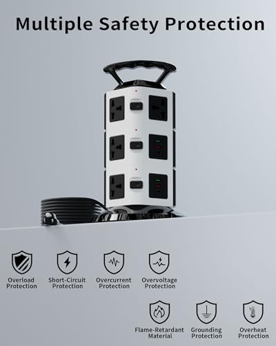 Power Strip Tower with 10 Outlets, 4 USB-A & 2 USB-C Ports, 1875W/15A Heavy Duty Charging Station for Multiple Devices, Plug Tower with 6ft Extension Cord, for Home, Office, Dorm - size: 3-Tier
