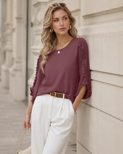 3/4 Length Sleeve Womens Tops Crewneck Ruffle Sleeve Shirts Dressy Casual Blouse Summer Fall Fashion Business Outfit - color: Redwood, size: XX-Large
