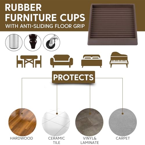 Furniture Pads Rubber Furniture Caster Cups, Anti-Sliding Bed Stopper Floor Protectors with Grip, 2x2 Square Non Slip Furniture Pads - Protect Any Flooring (Brown, 4 Pack) - size: 2" x 2" (Set of 4)-Square