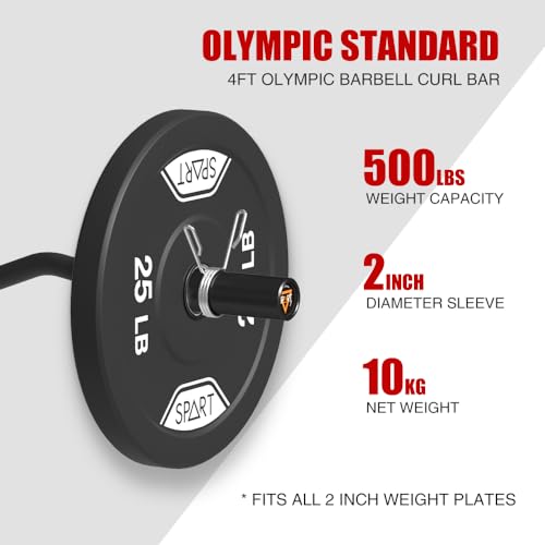 SPART Olympic Barbell EZ Curl Bar, 47INCH/4FT Strength Training Curling Bar with Knurled Grip Chrome Barbell Bar for Weightlifting, Copper Sleeve Barbell for 2-inch Weight Plates, 500 LBS Capacity - color: Black