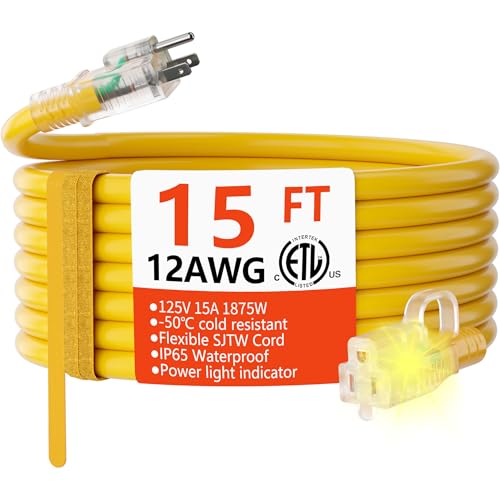 HUANCHAIN 12/3 Gauge Heavy Duty Outdoor Extension Cord 15 ft Waterproof with Lighted end, Flexible Cold-Resistant 3 Prong Electric Cord Outside, 15Amp 1875W 12AWG SJTW, Yellow, ETL - color: Yellow, size: 15FT