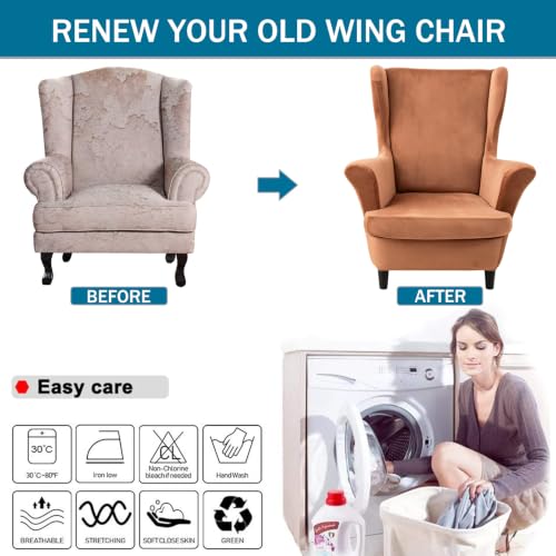 NILUOH Thick Velvet Wingback Chair Slipcovers 2-Piece, Stretch Wing Chair Covers Soft Sofa Slipcover Wing Back Armchair Cover Furniture Protector for Living Room - color: Red-camel