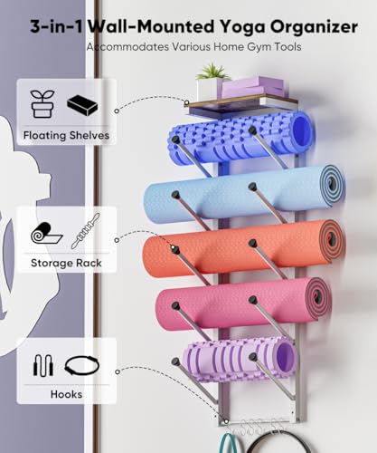 5 Tiers Yoga Mat Holder Rack Wall Mount with 6 Hooks for Hanging Accessory Yoga Strap Foam Rollers Resistance Bands, Yoga Mats Organizer with Floating Shelf for Home Gym Storage Fitness - color: White