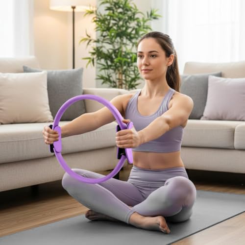 Pilates Equipment Kit for Home Workout, Pilates Ring and Ball Set with 5 Resistance Bands, mag-ic Circle Compact Toning Fitness Essentials Starter Set Accessories, Core Sliders, Socks, Bag - color: purple