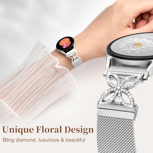 Getino Magnetic Metal Band Compatible with Galaxy Watch 7 Band 6 5 4 FE Active 2 40mm 44mm/Galaxy Watch 5 pro 45mm/Classic, 20mm Floral Dressy Strap for Samsung Watch Bands Women Milanese Mesh Loop - color: Bling Silver