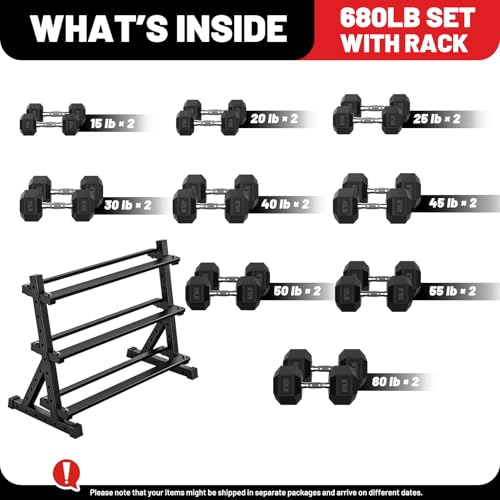 PAPABABE Dumbbell Set with Rack Dumbbells Rubber Encased Home Gym | PAPABABE Complete & Durable Cast Iron Core Odorless PVC Antiroll Hex Shape Ergonomic Chrome Handle Versatile Home Gym - size: 680LB with 3-Tier Weight Rack