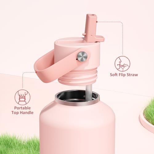 POWCAN 32 oz Insulated Water Bottle: Leakproof, Lid with Flip Straw, Cold for 24H, BPA-Free, Metal Water Bottle with Handle for Travel, Gym, Fitness, Hiking, Birthday Gift for Women (Cotton Candy) - color: Cotton Candy, size: 32 Ounces
