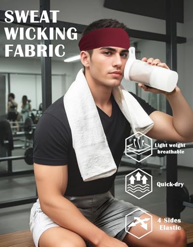 Headbands for Men & Women, Sweat Headband Non-Slip Sweatband Sports Running Cycling Yoga Basketball Workout Football Training - color: Burgundy Pack
