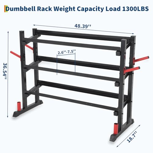 Dumbbell Rack, 3 Tiers Weight Rack for Home Gym, Trapezoidal-Frame & h-Frame Weight Stand for Dumbbells Kettlebells & Weight Plates, 1300LBS Capacity - size: 48.39 x 18.7 x 36.54 Inch