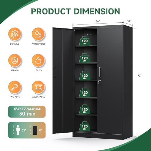 Letaya Metal Garage Storage Cabinets with Lock-72 Tall Tool Organizer Steel Lockers, 5 Adjustable Layers Shelves for Home,Office,Warehouse,Garage,(Black-72“) - color: Black, size: 72 X 36 X 18 In(H X W X D)