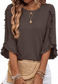 3/4 Length Sleeve Womens Tops Crewneck Ruffle Sleeve Shirts Dressy Casual Blouse Summer Fall Fashion Business Outfit - color: Coffee Brown, size: Medium