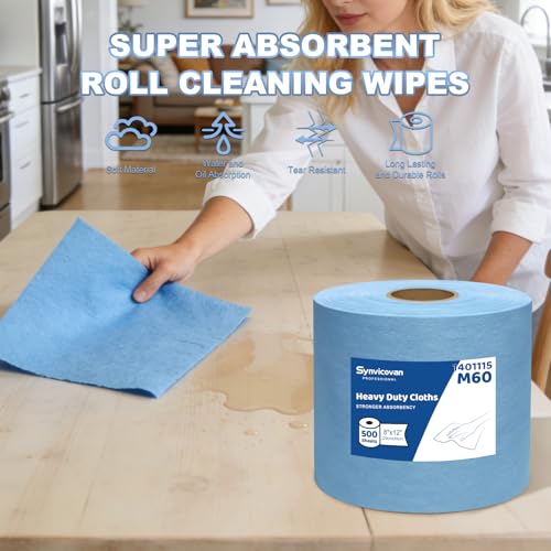 Jumbo Roll Industrial Cleaning Wipes, Super Absorbent Heavy Duty Cloths, Blue (1 Roll of 500 Sheets, 12"x 8" Each Sheet) - color: Blue
