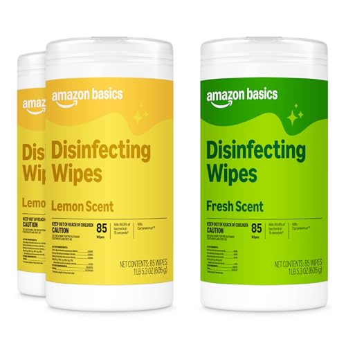 Amazon Basics Disinfecting Wipes, Lemon & Fresh Scent, Sanitizes, Cleans, Disinfects & Deodorizes, 255 Count (3 Packs of 85), Packaging May Vary - size: 85 Count (Pack of 3), style: 3 Pack--2 Lemon, 1 Fresh