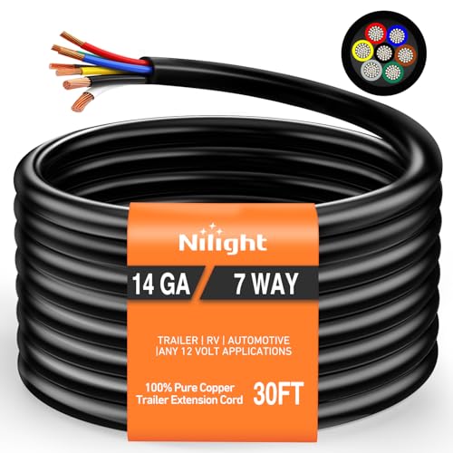 Nilight 30 Feet 7 Way Trailer Extension Cable RV Standard Wire 14 Gauge 7 Conductor 100% Pure Copper Insulated Heavy Duty Cord Weatherproof for 7 Pin Blade Truck Camper RV Automotive - color: RV Standard Trailer Cord 30FT