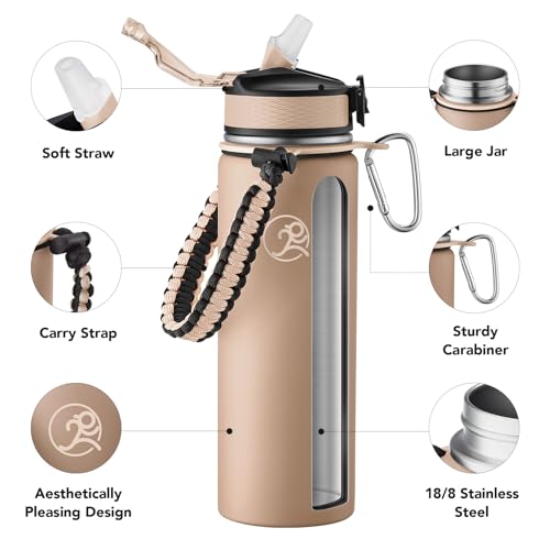 GOSWAG 24oz Insulated Stainless Steel Travel Water Bottle, 2 Lids | with straw and no straw, Paracord handle, Double-wall vacuum keeps drinks cold or hot, Leakproof tumbler - color: Matte Latte Brown