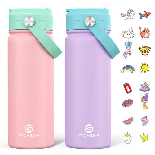 GoKEDA 18oz Kids Water Bottle, 2 Pack Insulated Bottles with Stickers, 18/8 Stainless Steel Vacuum Leak Proof Straw Cup for School, Gifts for Girls(Pink, Purple) - color: Pink+Purple