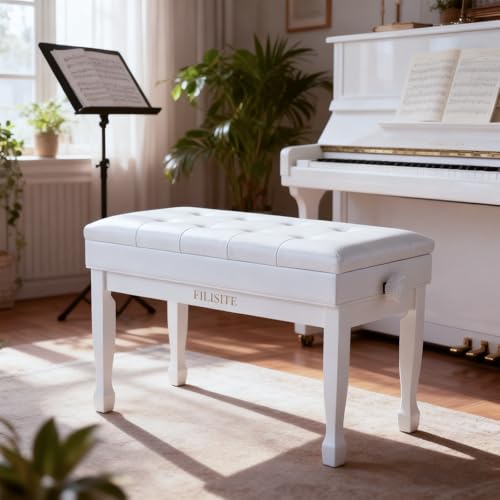 Adjustable Height Piano Bench with Storage, Solid Wood Duet Keyboard Stool, Waterproof Padded Seat Cushion, Multi-Use Bench for Piano, Vanity, Living Room, Bedroom XJ750-4(White) - color: White