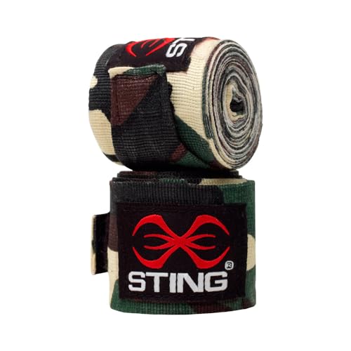 STING Elasticised Hand Wraps | Elastic Fabric Construction, Extended Wrist Coverage, Thumb Loop, Hook and Loop Closure - color: Army Camo, size: 180 Inch