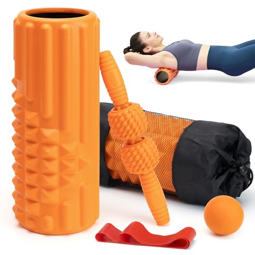 5 in 1 Foam Roller Set, High Density Patented Exercise Roller | Deep Tissue Massage Roller Stick, Massage Ball, Resistance Band for Pilates, Yoga, Whole Body Fitness Exercise, Orange - color: Orange
