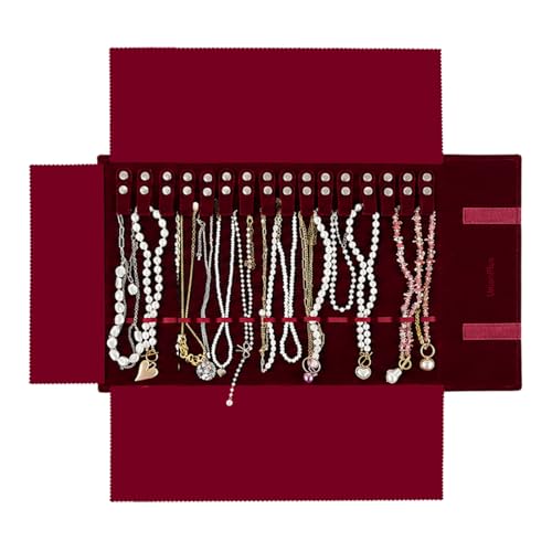 UnionPlus Velvet Travel Jewelry Roll Bag Organizer for Necklace, Elastic Band and Anti-winding, Burgundy - color: Burgundy, size: Medium