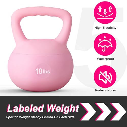 soges PVC One-Piece Kettlebell with Wide Handles, Strength Training Kettlebells 5lb to 35lb Optional for Women of Different Levels, Iron Sand Filled Soft Kettlebell - color: 10lbs - Pink