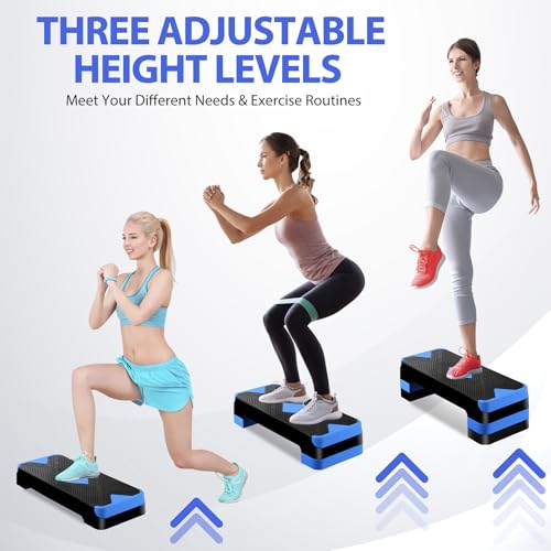 27'' Aerobics Stepper Workout Step Platform with 4 Risers 4"-6"-8" Height Adjustable, Non-Slip Fitness Exercise Workout Trainer for Cardio, Core, Strength Training,Home Gym - color: Blue