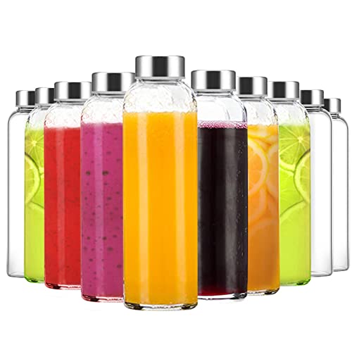 Luxfuel Clear Glass Bottles with Lids, 18oz Glass Water Bottles for Juicing | 100% Leak Proof Reusable Juice Bottle with Stainless Steel Cap for Smoothie, Milk, Refrigerator, Dishwasher Safe, Set of 10 - color: Clear Glass Bottle 10Pack, size: 18oz