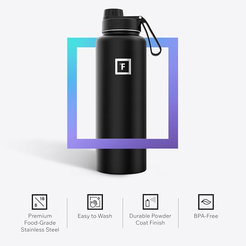 IRON °FLASK 40 oz Wide Mouth Water Bottle with Spout | Insulated Stainless Steel Sports Water Bottle with Leakproof Spout Lid - BPA Free, Cold 24 Hrs, Sweat Free (Black Marquina) - color: Black Marquina, style: Spout - 40 Oz (1 Lid)