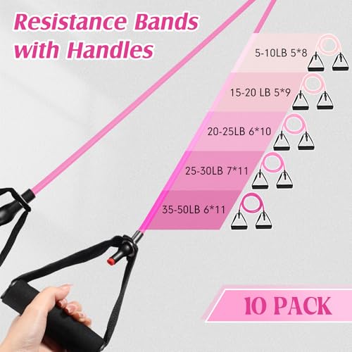 Shappy 10 Pcs Resistance Bands with Handles Exercise Stretch Bands for Exercise Woman Man Training Physical Therapy Workouts Fitness - color: Pink