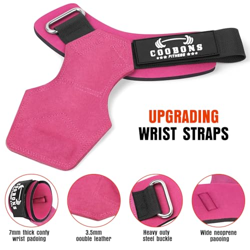 Weight Lifting Wrist Straps, Gym Straps Weight Lifting for Deadlift and Powerlifting, Double Layer Leather Wrist Wraps with Padded Cushion Wrist Loop, Weightlifting Grips for Men and Women - color: Rose Red