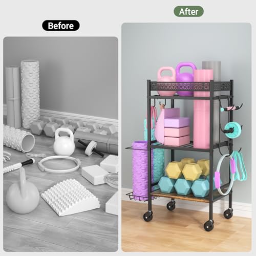 Dumbbell Rack Stand Only, Home Weight Rack for Dumbbells Kettlebells Yoga Mat, Home Gym Storage Rack with Wheels and Hooks, Space Saving Workout Equipment Organizer. ﻿