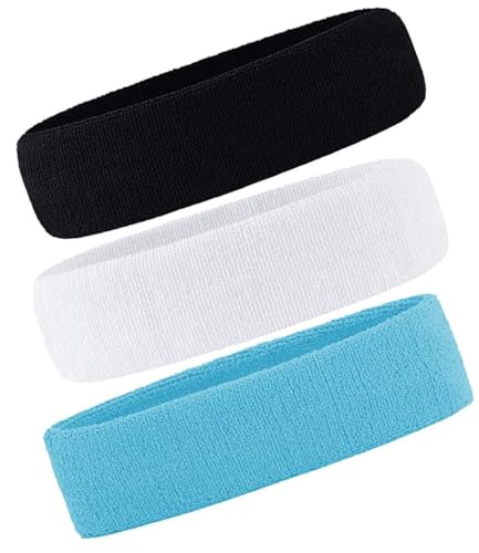 3 Pack Men & Women Sports Sweatbands Headbands - color: Sky Blue,White,Black
