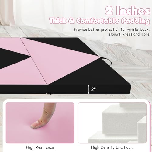 Goplus Gymnastics Mat, Folding Tumbling Mat with Carry Handles, Hook & Loop Fasteners, 4 Panels for Fitness Exercise Yoga Stretching Aerobics Workouts, Thick Gym Mats for Home - color: Pink&Black