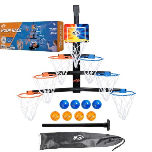 NSG Over The Door Basketball Hoop - Adjustable Height 7 Hoop Race Pyramid with 8 Mini Foam Balls & Carry Bag, Wall-Mounted, Easy Setup, Kids Indoor/Outdoor Game for Ages 5+ Years - style: Hoop Race