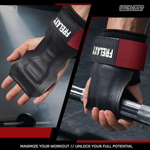 Frelaxy Lifting Wrist Straps, Rubber Weight Lifting Grips for Deadlifts | Non-slip rubber palm, Full palm protection, Neoprene wrist padding, Enhanced grip support, Pull ups rows lat pulldowns - color: Red