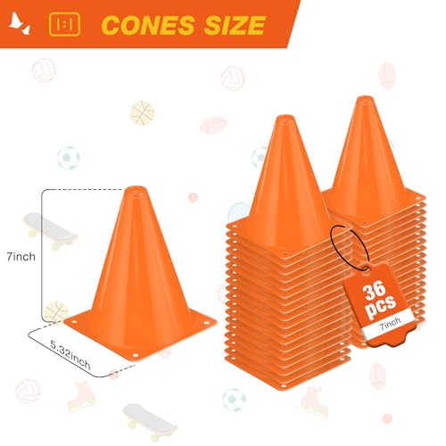36pcs Cones 7 Inch Soccer Cones and Plastic Traffic Cones, Durable Cones for Sports Training, Ideal for Soccer, Basketball, Football, Skating, and Agility Drills Practice - color: orange