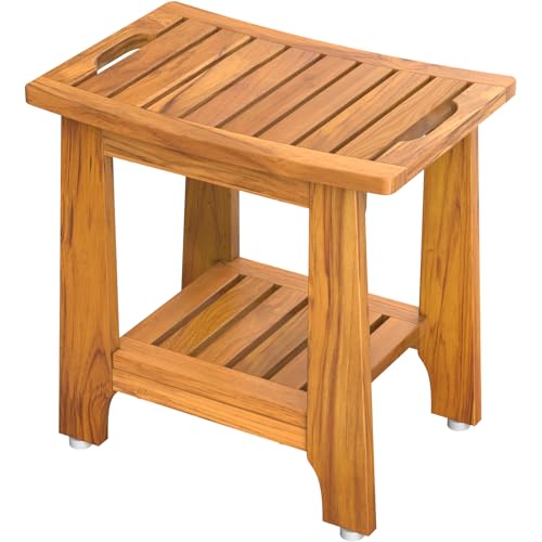 18" Standard Teak Shower Bench with Shelf & Handle - Waterproof, Non-Slip Bath Stool, 300 lbs Capacity - Fits Standard Tubs/Showers & Outdoor Use (Patented) - size: 18"W x 12" Dx 18"H