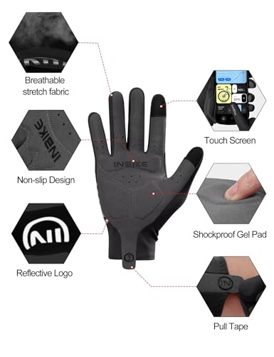 INBIKE Breathable Bike Gloves for Men Women, Full Finger Pad Cycling Gloves, Touchscreen Reflective Mountain Biking Bicycle - color: Black, size: Small (Hand Circumference 7-7.25inch)