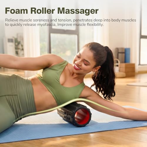 5 in 1 Foam Roller Set - Foam Roller for Legs, Muscle Roller Stick, Massage Ball, Resistance Band for Physical Therapy & Deep Tissue Muscle Massage (Black) - color: Black